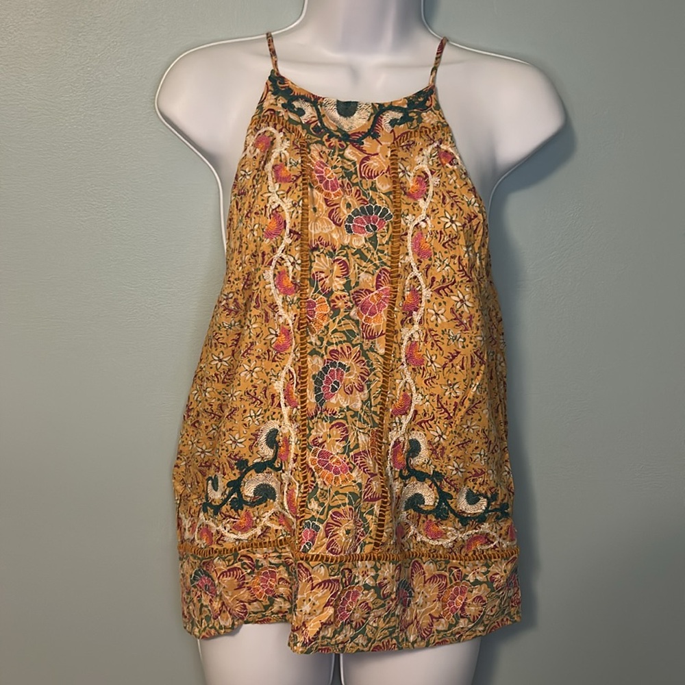 Anthropologie Akemi + Kin Melina Embroidered Boho Golden Yellow Halter Tank,Sz 4